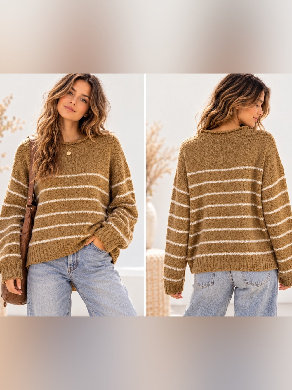 J. Crew Striped Camel & White Crewneck Rolled Hem Gorpcore Casual Sweater Small - Picture 7 of 7